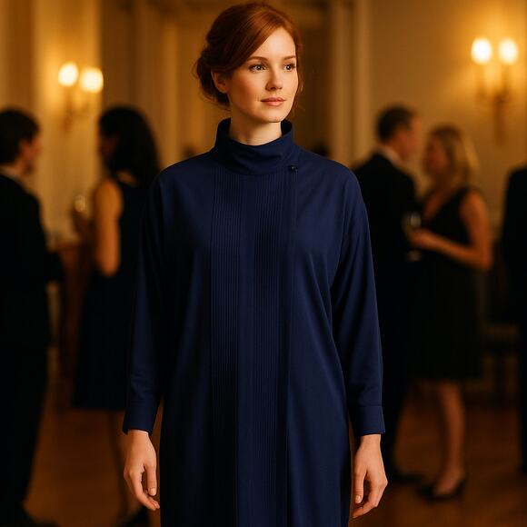 Liz Claiborne Silk Mandarin Collar Midi Pencil Dress Sz 12 Dark Navy Minimalist - Picture 1 of 6